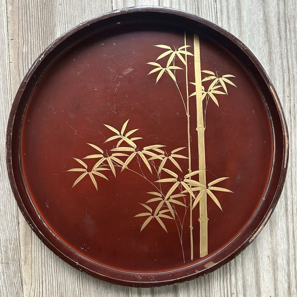 Vintage Japanese Lacquered Wood Tray Bamboo Oxblood Chinoiserie MCM Decor